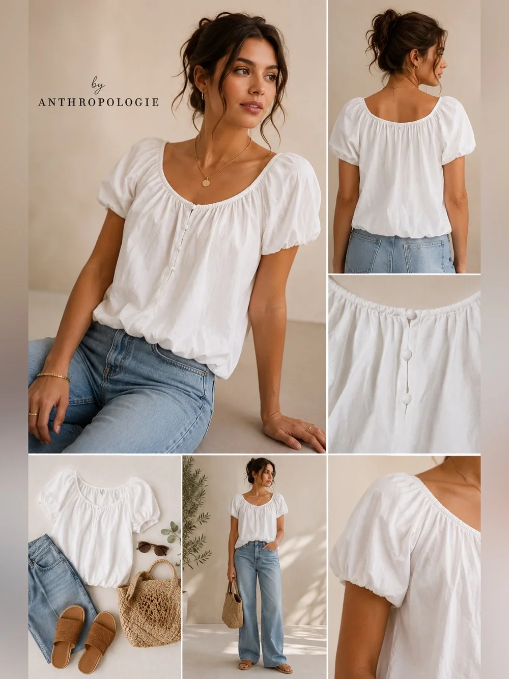 Anthropologie White Bubble Hem Puff Sleeve Cotton Blouse MP Petite Cottagecore